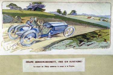 Kilpa-ajo: Gordon Bennett Cup (Gordon-Bennett) vuonna 1905 - piirustus Ernest Montaut (1878-1909).