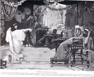 Esther tuomitsemassa Hamanin, kuva "Hutchinsons History of the Nations" -julkaisusta, n. 1910