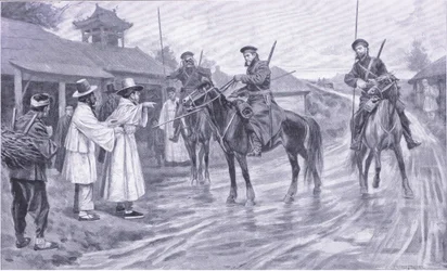 Kasakat tiedustelijat keräämässä tietoja korealaisesta vangituksesta, kuva Cassellsin Venäjän ja Japanin sodan historiasta, osa 1, n. 1900