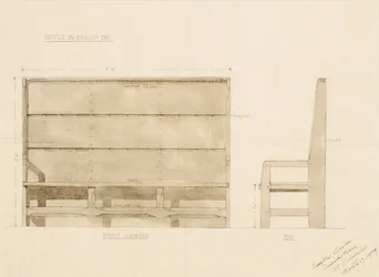 Design for Settle in English Oak, 1909 (kynä ja wc paperilla)