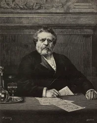Giosue Carducci (1835-1907), italialainen runoilija ja kirjailija, Nobel-palkittu 1906, kaiverrus Ernesto Mancastroppa Vittorio Corcosin maalauksesta, L