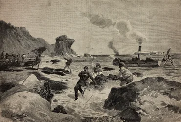 Luutnantti Carlo Zavaglin (1867-1890) surmaaminen Warsheikhissa, Somaliassa, 24. huhtikuuta, Ernesto Mancastroppan kaiverrus Gennaro Amaton piirustuksen mukaan, julkaisusta L