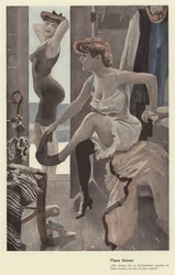 Kaksi naista pukuhuoneessa uimahallissa (värilitho)