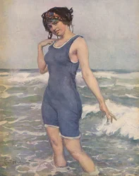 Nainen uimassa meressä (väri litho)