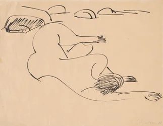 Erna makaa rannalla kallioiden keskellä, 1912.