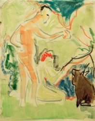 Badende mit Hund Moritzburgissa