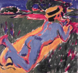 Sininen makaava alaston olkihattu päässä, 1908
