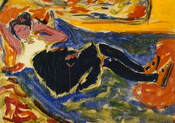 nainen mustat sukat; Nainen mustissa sukkahousuissa (Die Schwarze Grete), n. 1908-09 (öljy kankaalle asetettu paperille)