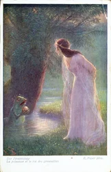Sammakkoprinssi antaa prinsessalle lammesta löytämänsä kultaisen pallon. (1900-luvun alku)
