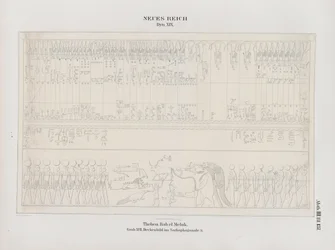 Piirros kattomaalauksesta Sarcophagus Hallissa, 19. dynastia, Thebes, Biban-el-Muluk, Uusi kuningaskunta, kuvitus artikkelista "Monuments to Egypt and Etiopia...", kirjoittanut Richard Lepsius