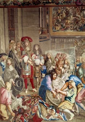 Visita de Lluís XIV a la Manufacture des Gobelins en presència de Jean Baptiste (Jean-Baptiste) Colbert (1619-1683) (de perfil, a la dreta del rei) i el pintor Charles Lebrun (Le Brun) (1619-1690). ), 15 d