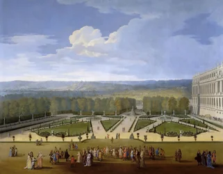 Ludvig XIV ja hänen hovinsa kävelykadulla Versaillesin puutarhassa