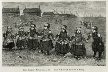 Lasten tansseja Markenissa (Alankomaat), kaiverrus E.Ronjatin piirustuksen mukaan havainnollistamaan Neerlanden tarinaa, Charles de Coster, vuonna 1878, julkaistu tour du monde -lehdessä Edouard Chartonin johdolla.