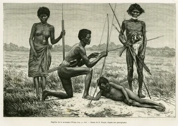 Yriga-vuoren Negritos. E.Ronjatin kaiverrus havainnollistamaan tarinaa Lucon ja Palaouan, kuusi vuotta Filippiineillä, Alfred Marche (1844-1898), in le tour du monde 1886, ohjaaja Edouard Charton (1807-1890), Hachette, Pariisi.