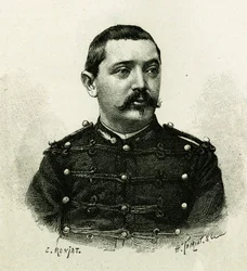Muotokuva laivaston tykistöstä kapteeni Pietristä Afrikan retkikunnan aikana 1879-1882, Gallienin komennossa. E. Ronjatin kaiverrus valokuvasta havainnollistamaan tarinaa "Exploration du Haut Niger (Haut Niger)" (nykyinen Mali)