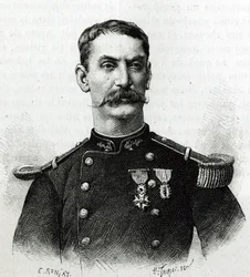 Muotokuva komentaja Joseph Gallienista Afrikan tutkimusmatkan aikana (1879-1882). E. Ronjatin kaiverrus valokuvan jälkeen havainnollistamaan th:n komentajan Joseph Gallienin (1849-1916) tarinaa "Exploration du Haut Niger (Haut Niger)" (nykyinen Mali).