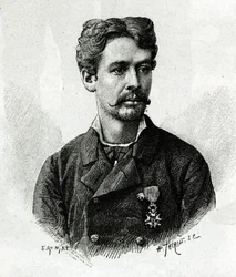 Tohtori Tautainin muotokuva Afrikan retkikunnan aikana 1879-1882, Gallienin johdolla. E. Ronjatin kaiverrus valokuvasta havainnollistamaan komentaja Joseph Gallienin tarinaa "Exploration du Haut Niger (Haut Niger)" (nykyinen Mali)