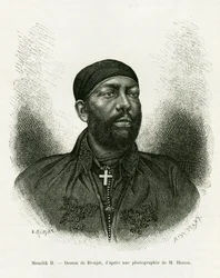 Muotokuva Etiopian prinssi Menelik II:sta (1844-1913). Ronjatin kaiverrus valokuvan jälkeen havainnollistamaan tarinaa Voyage au Choa (Abyssinie meridionale)