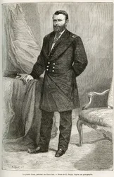 Ulysses Grantin (1822-1885) muotokuva. Hän oli yhdysvaltalainen kenraali, unionin joukkojen komentaja sisällissodan aikana ja Yhdysvaltain 18. presidentti kahden kauden ajan vuosina 1869-1877. Kaiverrus E. Ronjatin piirroksen mukaan, kertomuksen