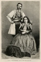 Montenegron ruhtinaan Nikola I Petrović-Njegošin (1841-1921) ja hänen vaimonsa Milenan, omaa sukua Vukotić (1847-1923), muotokuvat, E. Ronjatin piirros Charles Yriarten (1832-1898) vuonna 1874 tekemän Montenegron-matkan kuvitukseksi. Kaiverrus julkaisussa