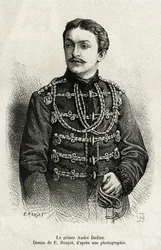 Mingrelien prinssi Andre Dadian (1850-1910), Venäjän armeijan kenraali ja shakin mestari. E.Ronjatin kaiverrus havainnollistamaan Carla Serenan tarinaa Un tour en Mingrelie (Georgian alue, Kaukasuksen ja Rionin välillä)