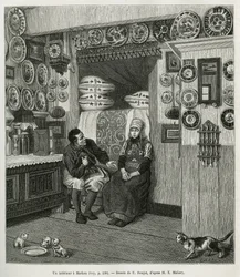 Un interieur à Marken (Pays Bas), kaiverrus E.Ronjatin piirustuksen mukaan havainnollistamaan Neerlanden tarinaa, Charles de Coster, vuonna 1878, julkaistu tour du monde -lehdessä Edouard Chartonin johdolla.