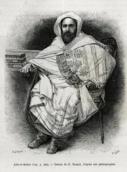 muotokuva Abd El Kaderista (1808-1883), Algerian emiiri ja sulttaani, sufi-teologi, poliitikko ja sotilaallinen vastarinta Ranskan siirtomaa-armeijalle, myös kirjailija, runoilija ja filosofi. Kaiverrus E.Ronjat, havainnollistamaan tarinaa La Syria d