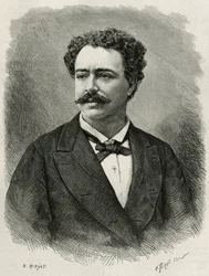muotokuva kirjailijasta ja matkailijasta Edmondo de Amicis (1846-1908), italialainen kirjailija, E.Ronjatin kaiverrus Edmondo de Amicisin Marokon tarinan havainnollistamiseksi vuonna 1875, julkaistu tour du monde -lehdessä Edouardin johdolla Charton