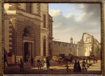 Louvren museon sisäänkäynti ja Saint Louis du Louvren rauniot. Näkymä Pariisiin. Etienne Bouhotin (1780-1862) maalaus
