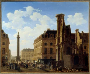 Place Vendome ja Castiglionen katu, jossa on Leafyn kirkon rauniot. Etienne Bouhotin (1780-1862) maalaus 1808 Su. 0,81x0,99 m Pariisi, Musee Carnavalet