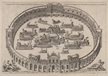 Laivaston taistelu sijoittuu roomalaiseen areenaan, Tiber-joki ja nymfit alhaalla vasemmalla..., 1577-85.