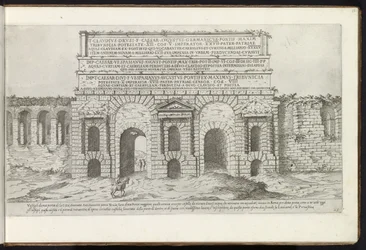 Porta Maggiore te Rooma Bouwwerken uit de oudheid (sarjan nimi) Stefano Du Perac Parisinon keräämät Rooman antiikin jäännökset ja muotokuvat perspektiivissä (sarjan nimi esineellä)