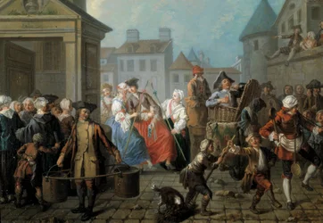 Karnevaali Pariisin kaduilla Detail. Etienne Jeauratin (1699-1789) maalaus 1757. Dim. 0,65 x 0,82 m Pariisi, museo Carnavalet