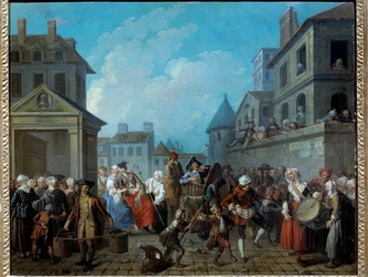 Karnevaali Pariisin kaduilla Etienne Jeauratin (1699-1789) maalaus 1757. Koko 0,65 x 0,82 m Pariisi, Musee Carnavalet