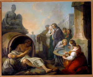 Diogenes rikkoo maljansa. Kyynikoksi kutsuttu kreikkalainen filosofi Diogenes Sinopelainen (413-327 eKr.) luopuu maljastaan nähtyään lapsen juovan lähteellä vettä käsistään. Étienne Jeaurat
