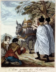 Aasin laakerijäännöksiä. Kuvitus Jean de La Fontainen tarulle. Etienne Jeauratin (1699-1789) maalaus