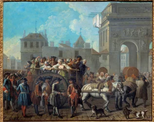 Ilontyttöjen käytös Salpetrieressa, kulku Saint Bernardin porttien ohi Nykyinen Salpetrieren sairaala oli alun perin vankila ja naisten hoitopaikka. Etienne Jeauratin (1699-1789) maalaus 1757 Dim. 0,65 x 0,82 m Pariisi, Musee Car