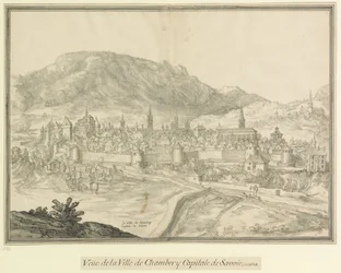 Chamberyn kaupunki  Savoijin pääkaupunki: Veüe de la Ville de Chambéry Savoijin pääkaupunki vuonna 1618.