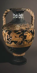 Centauromachyn maalarin amfora. Punahahmoista keramiikkaa Poranosta (Umbria). Etruskien sivilisaatio. 4. vuosisadalla eaa.