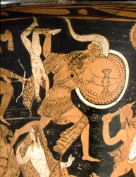 Etruskien muinaisaika: Troijan tuhoa esittävä kellokraatteri: yksityiskohta, jossa Neoptolemos heittää Hektorin pojan Astyanaksin muurien yli. Falerii Veteresistä (Civita Castellana). 350-300 eKr. Rooma, Museo Nazionale di Villa Giulia