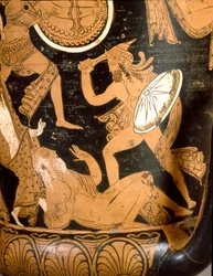 Etruskilainen antiikki: Troijan tuhoa esittävä kellokrateeri: yksityiskohta Neoptolemoksen surmaamasta Priamoksesta. Falerii Veteresistä (Civita Castellana). 350-300 eaa. Rooma, Museo Nazionale di Villa Giulia