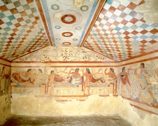 Etruskien leopardien hauta, fresko, jossa on pitokohtaus, Tarquinia. 5. vuosisata eaa., Italia