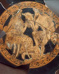 Etruskilainen antiikki: Poseidonia ja Amfitritea esittävän kyliksin yksityiskohta. Falerii Veteresistä (Civita Castellana), 500-luku eKr. Rooma, Museo Nazionale di Villa Giulia