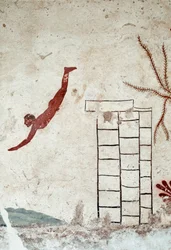 Etruskilainen taide: veteen sukeltava nuori uimari. Fresko "Sukeltajan" haudasta. Yksityiskohta. Paestumin eteläiseltä hautausmaalta. 480-470 eaa. Kansallinen arkeologinen museo, Paestum