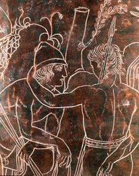 Etruskitaide: yksityiskohta pronssisesta Ficoroni-cistasta, joka esittää argonauttien tarua. Praenestesta (Palestrina). 340 eaa. Museo Nazionale di Villa Giulia, Rooma