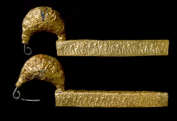 Etruskien taidetta: fibuleita (neuloja) kullassa. 630 eaa. Licteurin (Littore) haudasta Vetulonia (tai Vetulonium). Himmeä. 21 cm Firenze, Museo Archeologico
