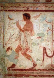 Etruskitaide: juhla-aterioita kuvaavia freskoja, yksityiskohta huilunsoittajasta. Triclinium-hauta. 5. vuosisata eaa. Tarquinian kansallinen arkeologinen museo, Italia