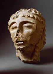 Etruskien sivilisaatio: Terrakottamiehen pää. 550-530 eaa. Murlon 2. palatsista. Depositi Soprintendenza Archeologica del 