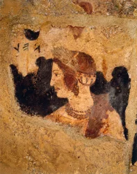 Italia, Latiumin alue, Tarquinia (Viterbon maakunta), etruskien hautausmaa, Orcuksen hauta, yksityiskohta juhlakohtauksesta, jossa muotokuva naisesta, joka tunnetaan nimellä Velia Velcha (Velia Spurinas), Arnth Velchan vaimo, fresko