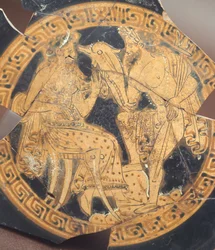 Poseidon ja Amphitrite. Punahahmoista keramiikkaa Civita Castellanasta (Lazio). Etruskien sivilisaatio, 4. vuosisadalla eKr.